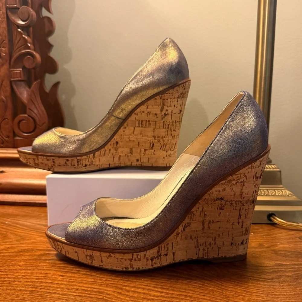 Brian Atwood Metallic Gold/Silver Leather 4”Cork Wedge Heels Size 8.5 MSRP $595